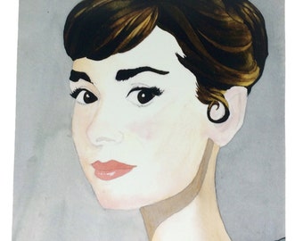 Audrey Hepburn Watercolor and Ink Artists Rendering 8.5x11 Print, Old Timey Famous Actress Beautiful Watercolor Art Prints, Audrey Portrait
