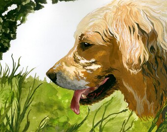 Golden Retriever Artist Watercolor Print, Dog Themed Dog Lover Ready to Frame Prints, Animal Lover Art, Golden Retriever Ink Rendering