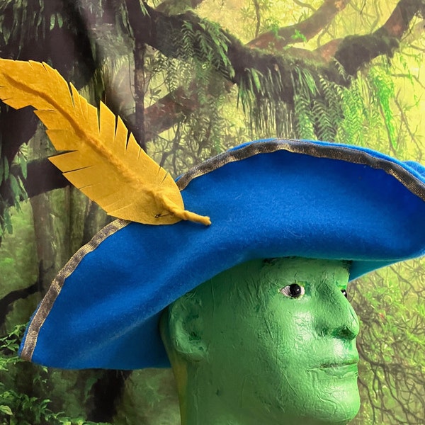 Tricorn hat, blue felt with removable yellow felt feather pirate costume