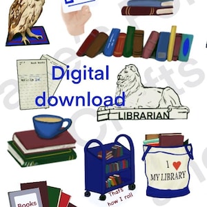 Librarian stickers digital printable library, books, reading, bullet journal