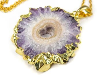 Large Amethyst Stalactite Slice Necklace - Purple Druzy Pendant - Crystal Slab Medallion Gold Jewelry (M41A) Healing Crystals and Stones