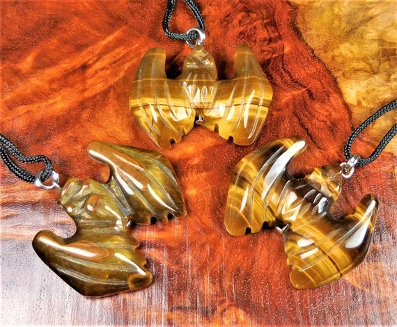 Bat Tigers Eye Gemstone Animal Pendant Hand Carved Stone Necklace