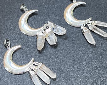 Quartz Crystal Crescent Moon Pendant (Silver Plated)(3 Crystals) Gemstone Jewelry Necklace Supply Healing Crystals And Stones