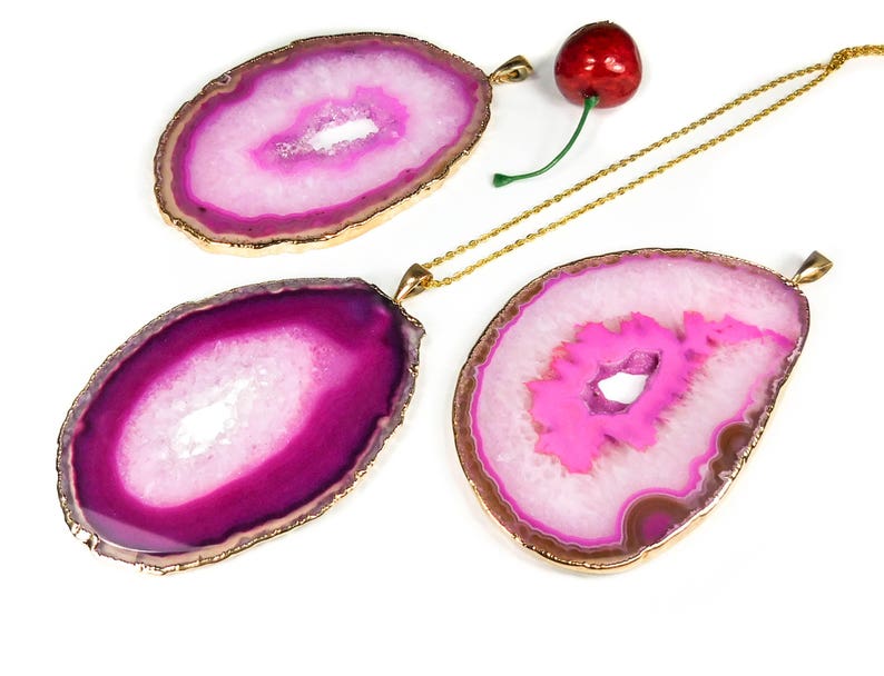 Large Pink Agate Slice Necklace Druzy Crystal Geode Slice Pendant XL Gold Drusy Stone Healing Crystals and Stones Jumbo Jewelry