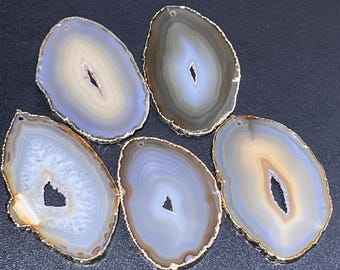Drilled Hole Natural Gray Brown Agate Slice (2mm Hole)(Gold Plated Edges) Wholesale Gemstone Decor Craft Supplies