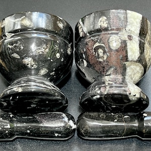 Orthoceras Mortar and Pestle Set (Mortar + Pestle) Polished Black Fossil Stone Carving Grinder Mixer