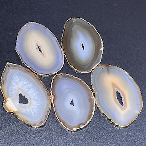 Drilled Hole Natural Gray Brown Agate Slice (2mm Hole)(Gold Plated Edges) Wholesale Gemstone Decor Craft Supplies