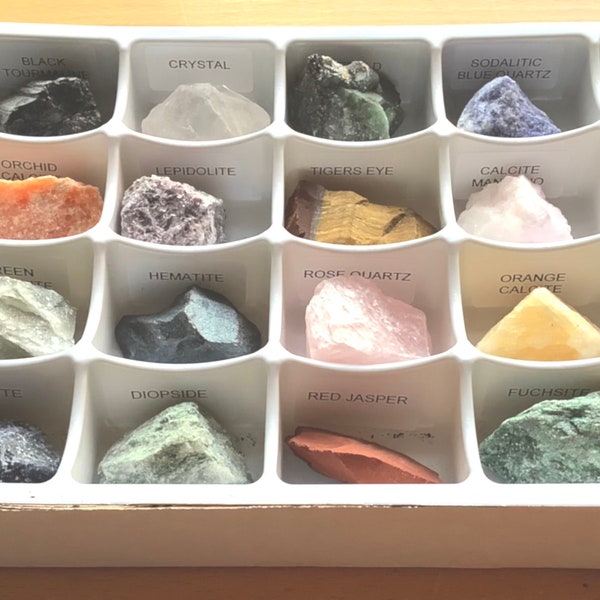 Bulk Wholesale Lot 24 Piece Flat Mixed Crystal Mineral Rock Collection Labeled Rough Raw Stones Gift Set