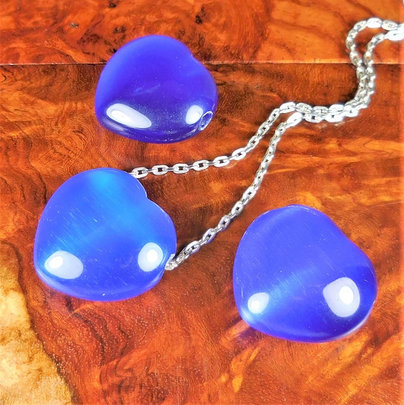 Heart Necklace Polished Healing Stones Smooth Puffy Hearts Blue Cats Eye Gemstone Charm Carved Bead Pendant Colored Glass Jewelry Y7