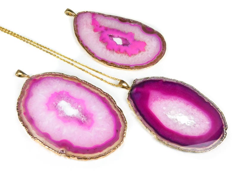 Large Pink Agate Slice Necklace Druzy Crystal Geode Slice Pendant XL Gold Drusy Stone Healing Crystals and Stones Jumbo Jewelry