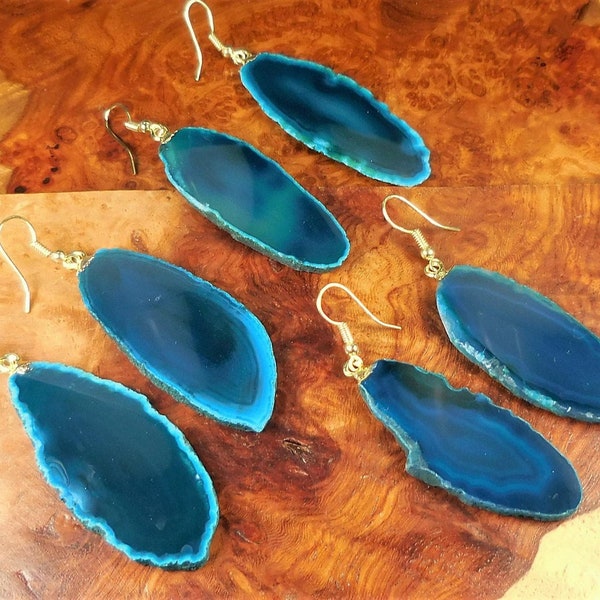 Teal Agate Slice Earrings Pair Raw Crystal Gold Hooks Gemstone Jewelry Healing Crystals And Stones