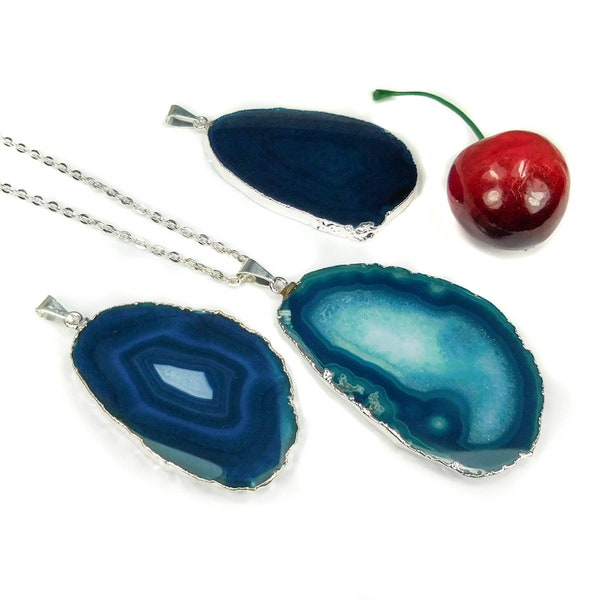 Pendentif tranche d'agate (sarcelle/plaqué argent), collier, bijoux, cristaux et pierres de guérison