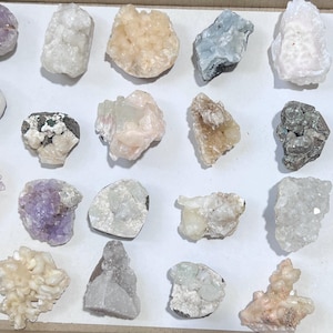 Zeolite Crystal Collection Lot (24 Mixed Pieces) Wholesale Box Flat Rough Raw  Apophyillite Stilbite Amethyst Thomsonite