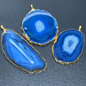Large Blue Agate Slice Pendant (Gold Plated Edges) Wholesale Necklace Jewelry Charm Supply Healing Crystals And Stones