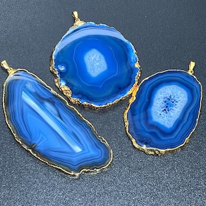 Large Blue Agate Slice Pendant (Gold Plated Edges) Wholesale Necklace Jewelry Charm Supply Healing Crystals And Stones