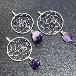 Dreamcatcher Pendant (Amethyst Crystal)(Silver Plated) Gemstone Jewelry Necklace Charm Supply Healing Crystals and Stones