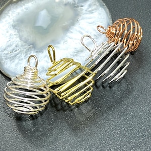 Crystal Gem Holder Spiral Cage Pendants (Silver, Gold, or Copper Plated) Circle Square Wholesale Gemstone Jewelry Charm Bead Supply