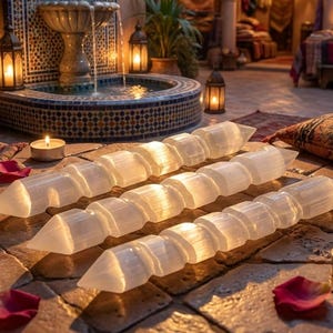 May include: Three long, translucent selenite wands are arranged on a stone surface, lit by candlelight. The wands have a spiral design and pointed ends. The scene includes candles, rose petals, and a fountain in the background.