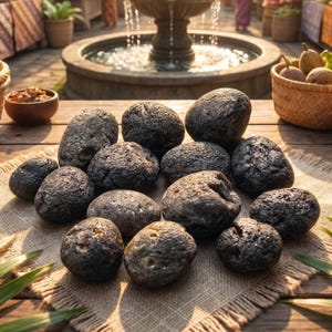 May include: A collection of dark gray, textured stones arranged on a burlap cloth. The stones vary in size and shape, with a rough, weathered appearance. The scene is set outdoors with a fountain and wooden table.