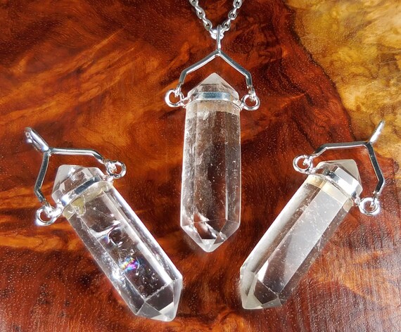 LR13 Quartz Necklace Clear Stone Charm Silver Double Crystal Point Pendant
