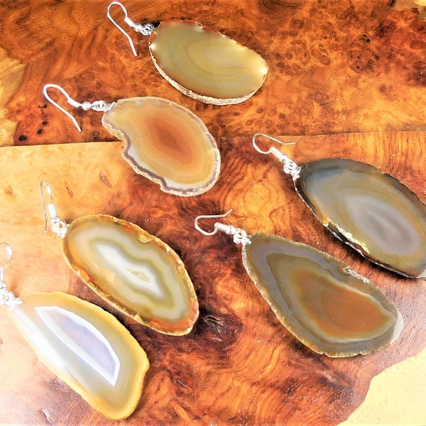 Agate Slice Earrings - Raw Crystal Earring Set - Silver Plated Gemstone Hooks Jewelry Healing Crystals And Stones