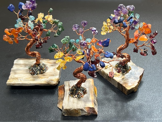 Gemstone Crystal Bonsai Tree (7-Stones)(Petrified Wood Base) Wholesale Chakra Reiki Decor Healing Crystals And Stones