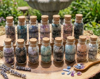 15-Piece Gemstone Bottle Gift Set, Natural Crystal Collection, Labeled Rock Specimens, Boho Home Decor, Crystal Starter Set, Curated Display