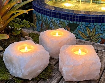 Portavelas de cristal de cuarzo rosa rosa para velas pequeñas, mineral natural genuino de Brasil.