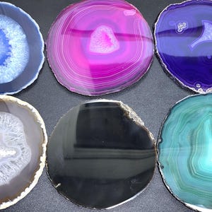 Grandes rodajas de ágata circulares (por pieza) (5-5,5 pulgadas) (tamaño n.° 5) Venta al por mayor Rosa Azul Natural Verde azulado Rosa Púrpura Colores mixtos