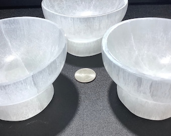 Selenite Crystal Bowl with Pedestal - Carved Gemstone Polished Stone Dish