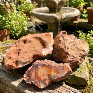 Peut inclure: Trois pierres d'agate brutes aux tons terreux de rouille, de brun et de crème. Les pierres présentent une texture extérieure rugueuse et mate, ainsi qu'une section intérieure polie et translucide révélant des motifs cristallins en couches.