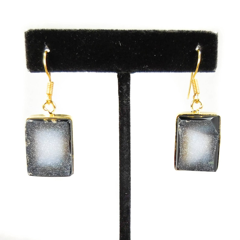 P39E Gold Bezel Set Stones Natural Gemstone Jewelry Druzy Agate Earring Pair Healing Crystals Stone Cluster Black Crystal Earrings
