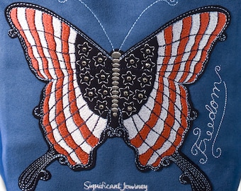 Red White and Blue Patriotic Butterfly Machine Embroidery Design for Handbags 2 Sizes