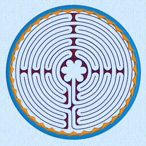 May include: A blue and white circular labyrinth with a red centre and a yellow and orange border.