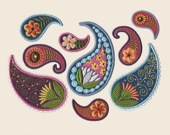 Set von 9 Paisley Maschine Applikation Designs