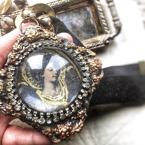 Artisan Medallion glass Archangel Michael, Saint reliquary necklace, vintage pearl necklace, guardian angel Protector, religious relic gift
