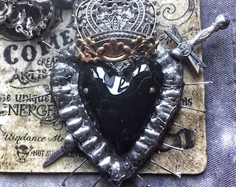 Enamel heart necklace, Heart dagger necklace, Sacred Heart necklace, mourning necklace,  victorian jewelry