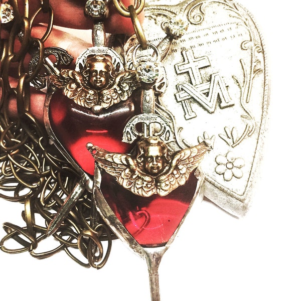 Pierced heart necklace, St. Michael the Archangel, guardian angel necklace, ruby red heart necklace, protection amulet, swords heart pendant