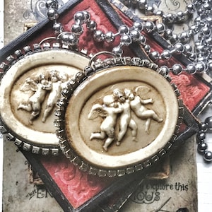 Georgian Cherubs Putti medallion, Angel necklace, Replica antique carved Roman. vintage Italian Art deco, Religious pendant for women