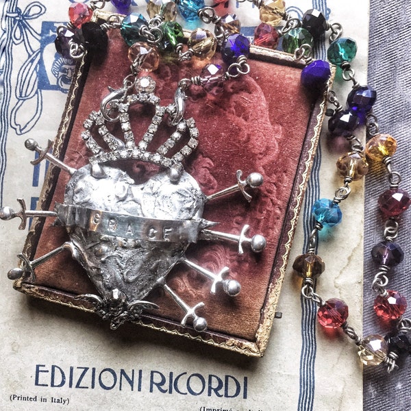 Seven sorrows Our lady, multicolor rosary necklace, Immaculate Sacred Heart of Mary, Seven Swords, Milagros Catholic, Blessed Jewelry