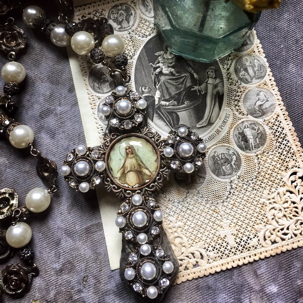 Virgin Miraculous Mary necklace with cross and rose pearls, catholic gifts women, vintage wedding necklace, Gothic bronze cross necklace