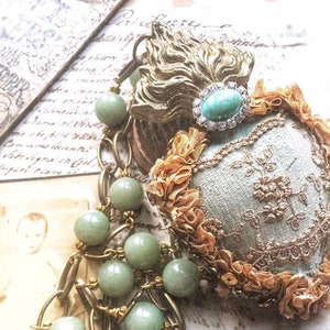 Flaming Heart, Sacred Heart necklace, textile jewelry, fabric heart choker, Jade necklace, Natural stone jewelry, statement jewelry women