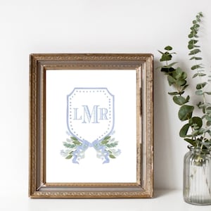 Custom watercolor crest | blue floral monogram crest | baby boy nursery decor