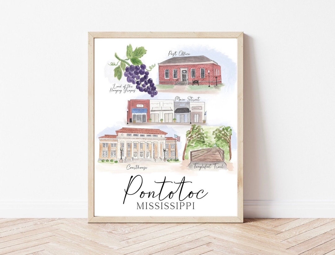 Pontotoc, Mississippi Print Watercolor Art Downtown Pontotoc Land of
