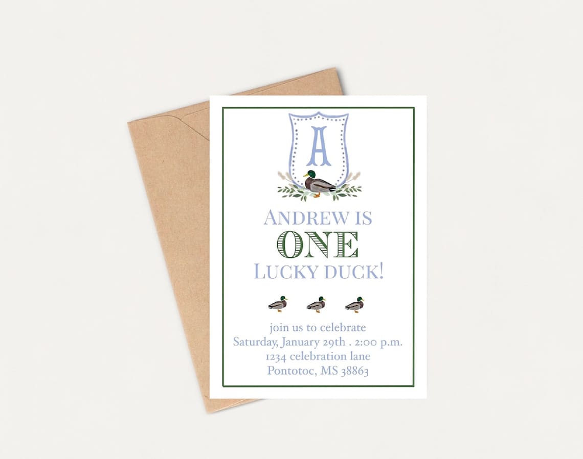 One Lucky Duck Birthday Invitation Mallard Duck Birthday Etsy