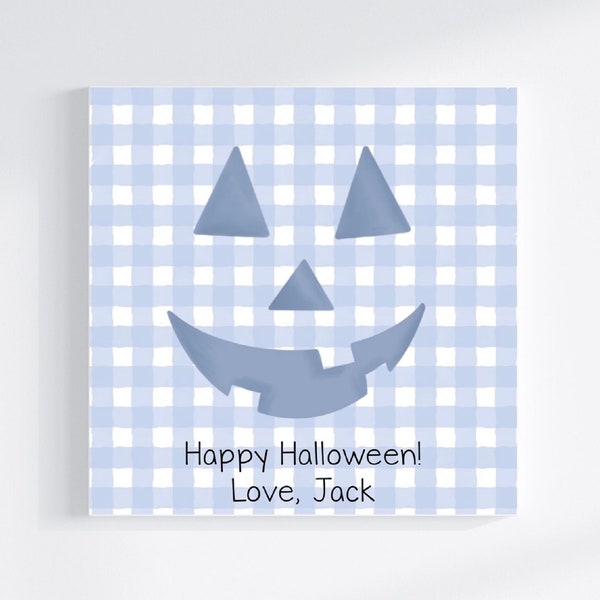 blue gingham jack-o-lantern halloween tag | custom halloween tag | printable halloween tag