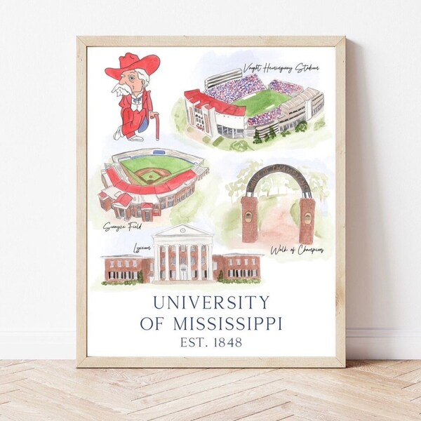 University of Mississippi print | Ole Miss watercolor art | Oxford Mississippi | Swayze Field | Vaught Hemingway | Rebels