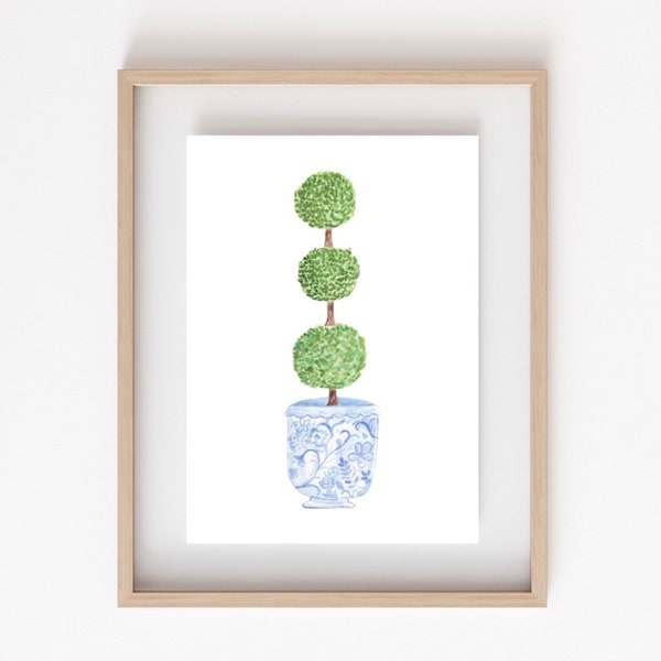 Topiary print | watercolor art | blue and white decor  | watercolor print | chinoiserie | grand millennial art | 5x7 print