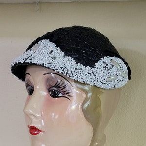 Vintage 1950s Eva Mae Navy Blue Woven Raffia Hat, White Beads and Aurora Borealis Cabochon Beads, Size 22, Summer Wedding or Church Hat