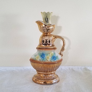 Vintage 1976 Gold Jim Beam Decanter, Yellow/Blue Floral with Gold Leaf Trim, Regal China Porcelain Decanter